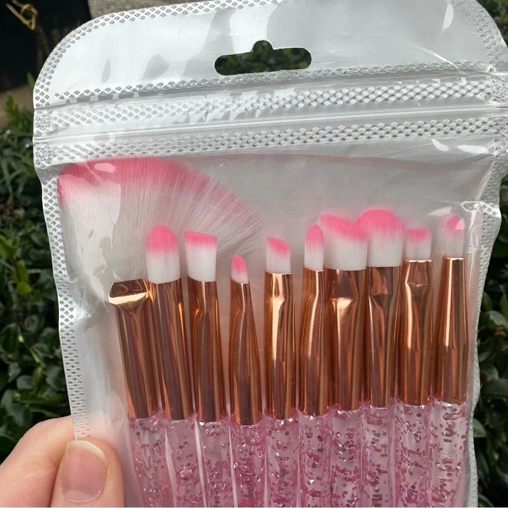 NEW 10 Mixed Eye Makeup Brush Set Pink Glitter Crystal Eyeshadow Beauty Tool